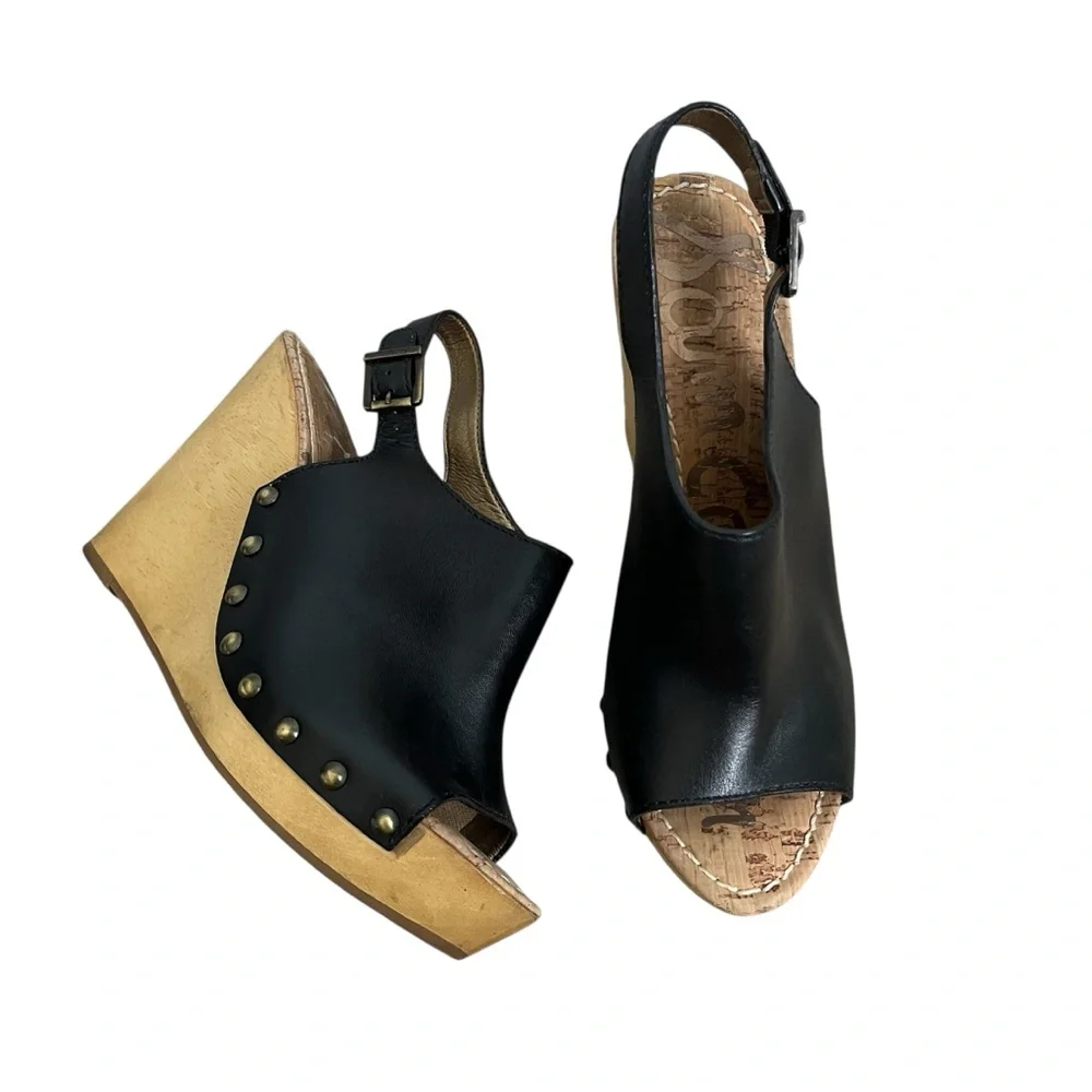 Sam Edelman Camilla Black Leather Studded Cork Wedge Open Toe Sandals Size 9 - Picture 14 of 15